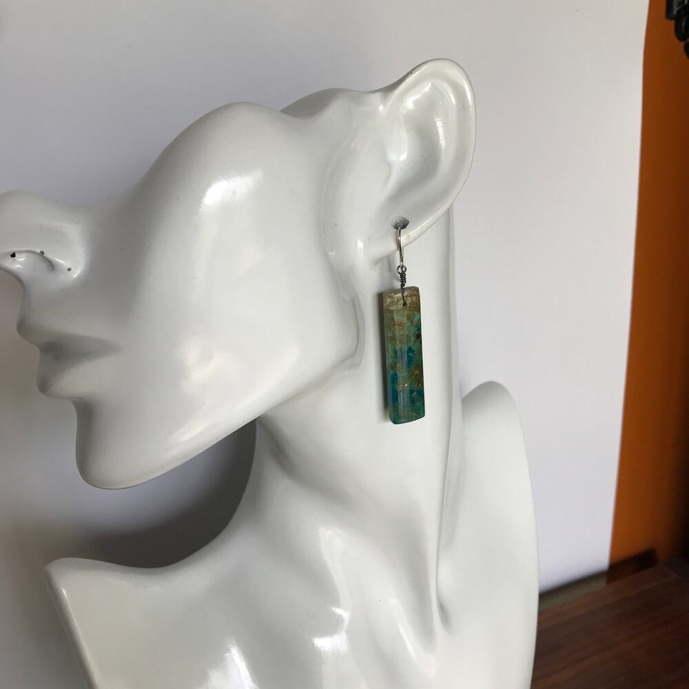 Artisan semiprecious Chrysocolla rectangle dangle / drop earrings - Picture 2 of 8